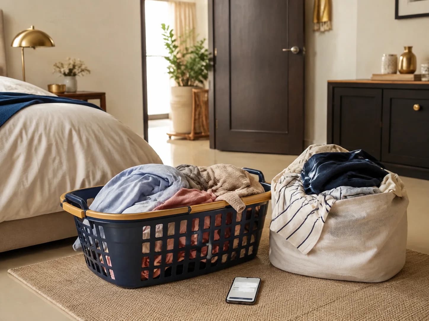 Rumpled household laundry waiting beside a phone for pickup booking