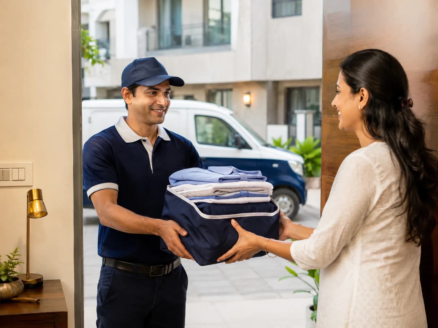 Delivery staff returning folded garments at a doorstep with a small van outside