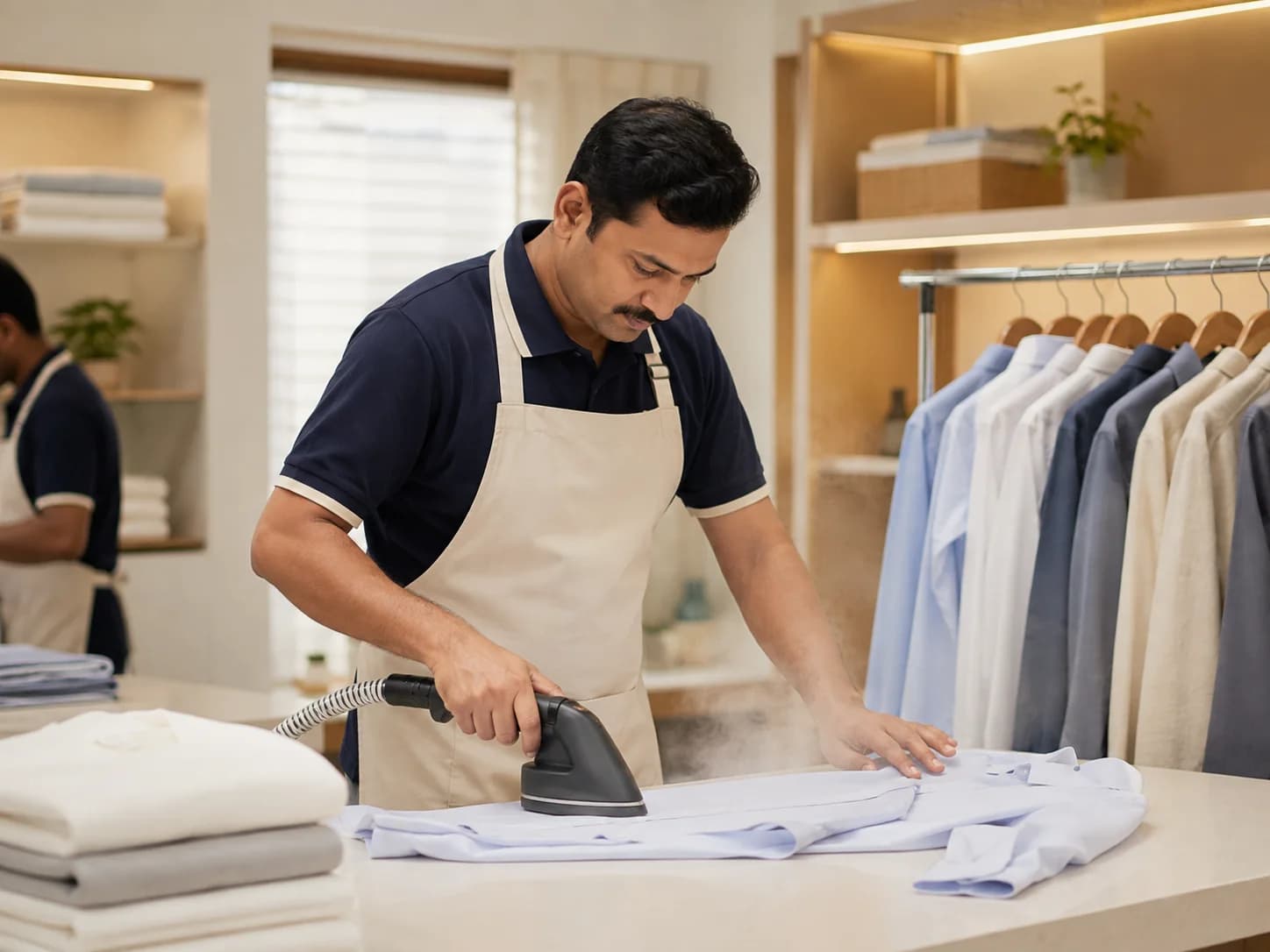 Laundry care staff steaming and finishing garments in a professional care studio