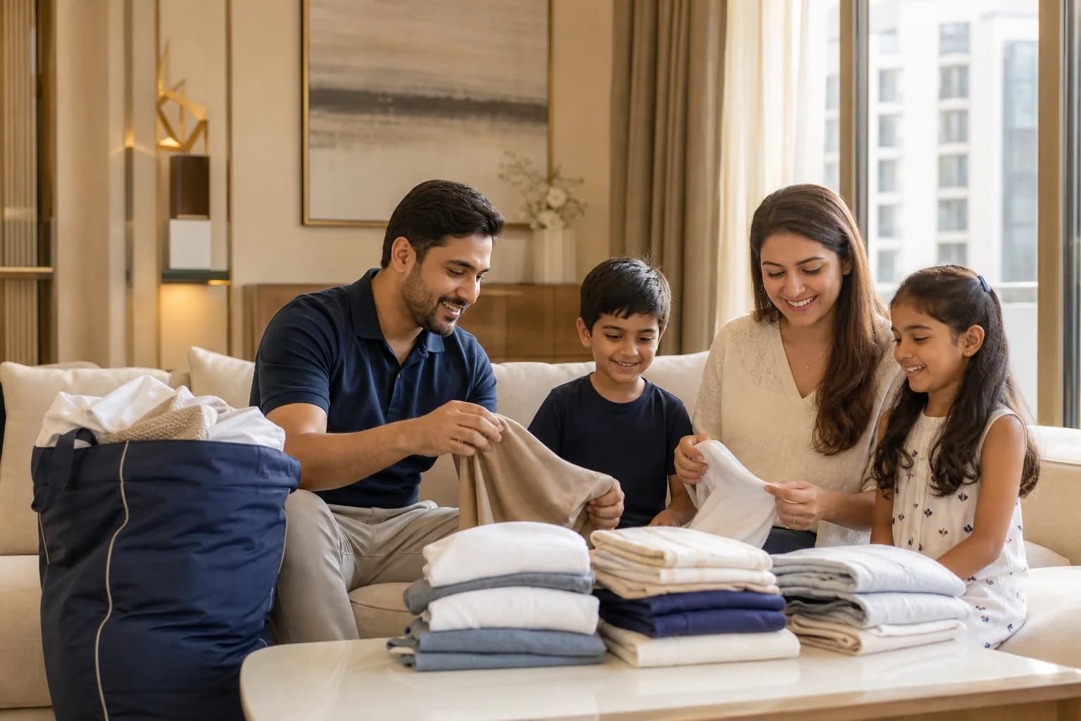Family reviewing freshly returned laundry at home before booking laundry care