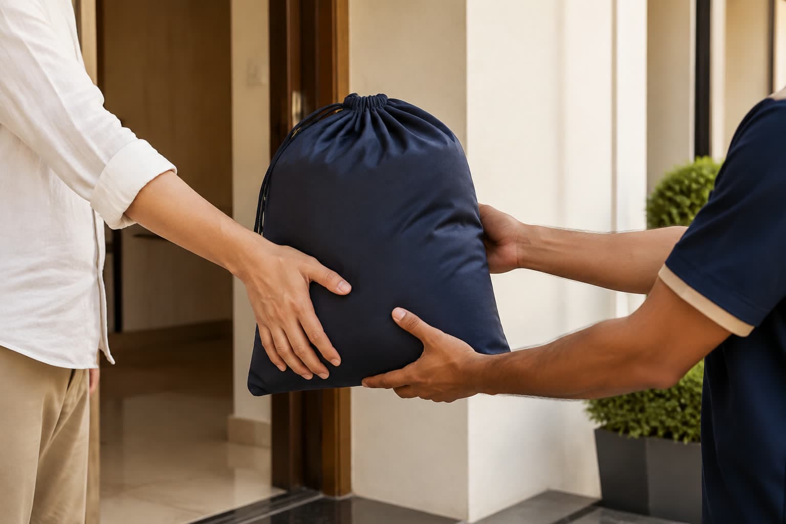 A laundry bag being handed over at an apartment doorway