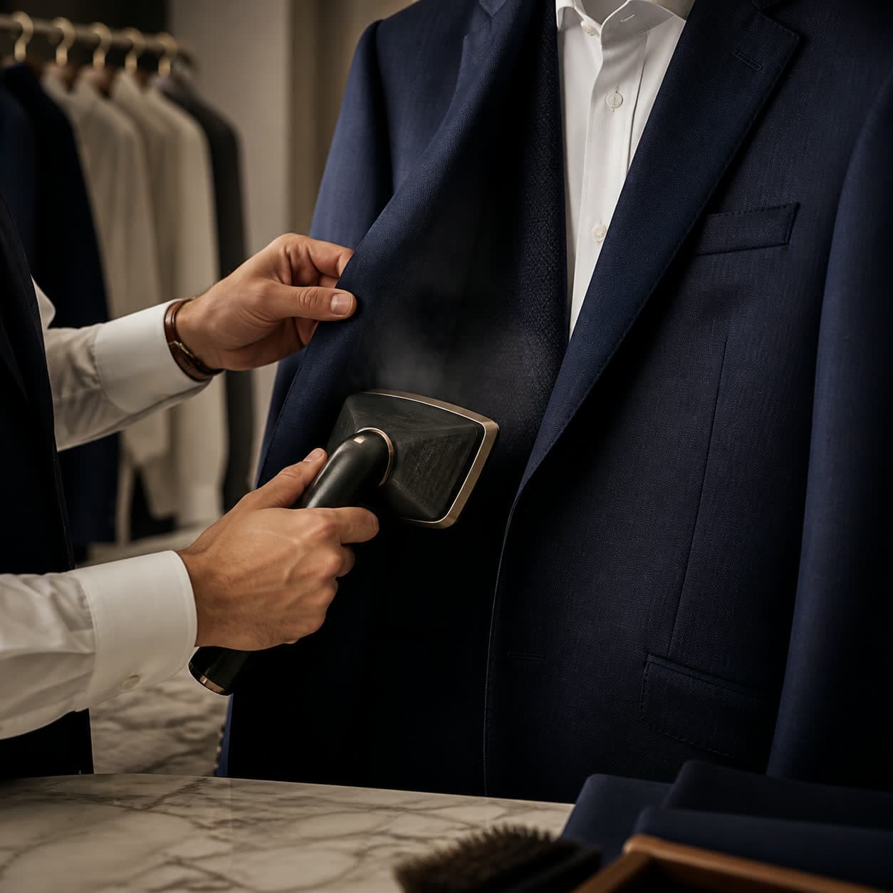A tailored garment receiving careful professional finishing